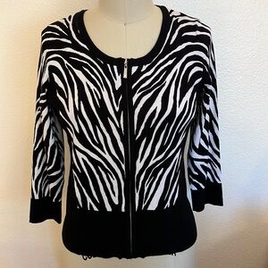Black House White Market Zebra Print Zip Front 3/4 slv Knit Cardigan Size M